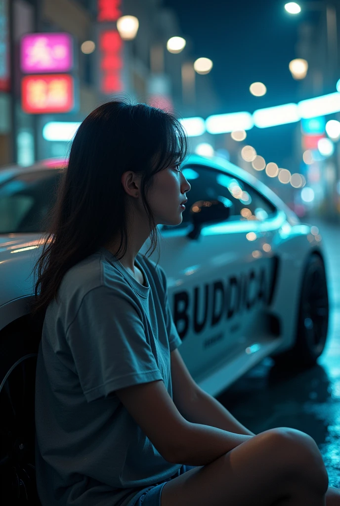 A Japanese woman is sitting next to a car,  （"BUDDICA" It is written there）,Look away from the viewer, T-Shirts, Cinema Lighting, Shine,Back view、Great view point