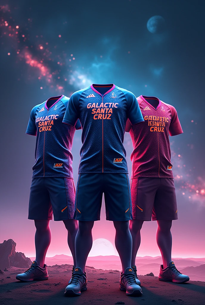Create an image showing three sports uniforms with a space and galactic theme.. They have an attractive and futuristic design, with planets, stars and cosmic mists in blue and black tones. The jerseys have the name "Galactic" and name it "Santa Cruz"
somewhere printed in the center. It appears to be a uniform design for a sports team., maybe soccer or volleyball. It is a very creative and eye-catching design., that captures the imagination of space and celestial bodies.