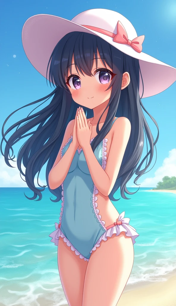"Depict 'Hachishaku-sama,' the Eight Feet Tall spirit from Japanese folklore, transformed into the ultimate moe character in a swimsuit while retaining her iconic features. Standing at an imposing 240cm, she exudes a blend of overwhelming cuteness and a hint of mystery. She wears an adorable, frilly swimsuit in soft pastel colors, adorned with delicate lace and ribbon details that enhance her kawaii charm. The swimsuit highlights her slender yet curvaceous figure, giving her an irresistibly cute and innocent appearance despite her towering height.

A large, white sunhat with a cute bow sits atop her head, slightly tilted, partially obscuring her face but revealing her big, sparkling eyes filled with innocent curiosity. Her long, jet-black hair cascades down her back in fluffy, bouncy waves, catching the sunlight and adding to her moe appeal. The sunhat casts a soft shadow over her blushing cheeks, giving her a shy and endearing expression.

She stands playfully at the edge of the ocean, her bare feet gently splashing in the shallow waves, with her hands clasped together in a bashful pose. Her expression is joyful and shy, with a light blush on her cheeks, perfectly capturing the essence of a cute and endearing character. The bright sunlight reflects off the water, casting a warm, inviting glow over her, while the beach around her is vibrant and lively, with the sounds of the ocean adding to the cheerful atmosphere. Despite her supernatural height, her adorable demeanor and charming appearance make her the ultimate embodiment of a giant, kawaii figure enjoying a playful day at the beach."