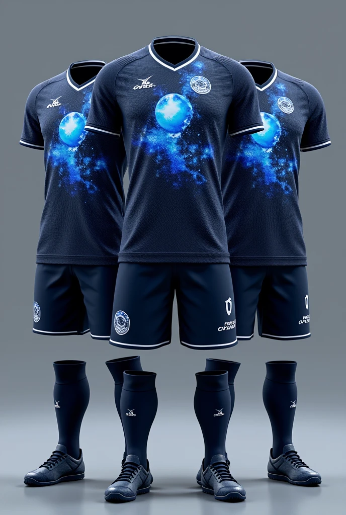 Create an image showing three sports uniforms with a space and galactic theme.. They have an attractive and futuristic design, with planets, stars and cosmic mists in blue and black tones. The jerseys have the name "Galactic" and name it "Santa Cruz" 
somewhere printed in the center. It appears to be a uniform design for a sports team., maybe soccer or volleyball. It is a very creative and eye-catching design., that captures the imagination of space and celestial bodies.

