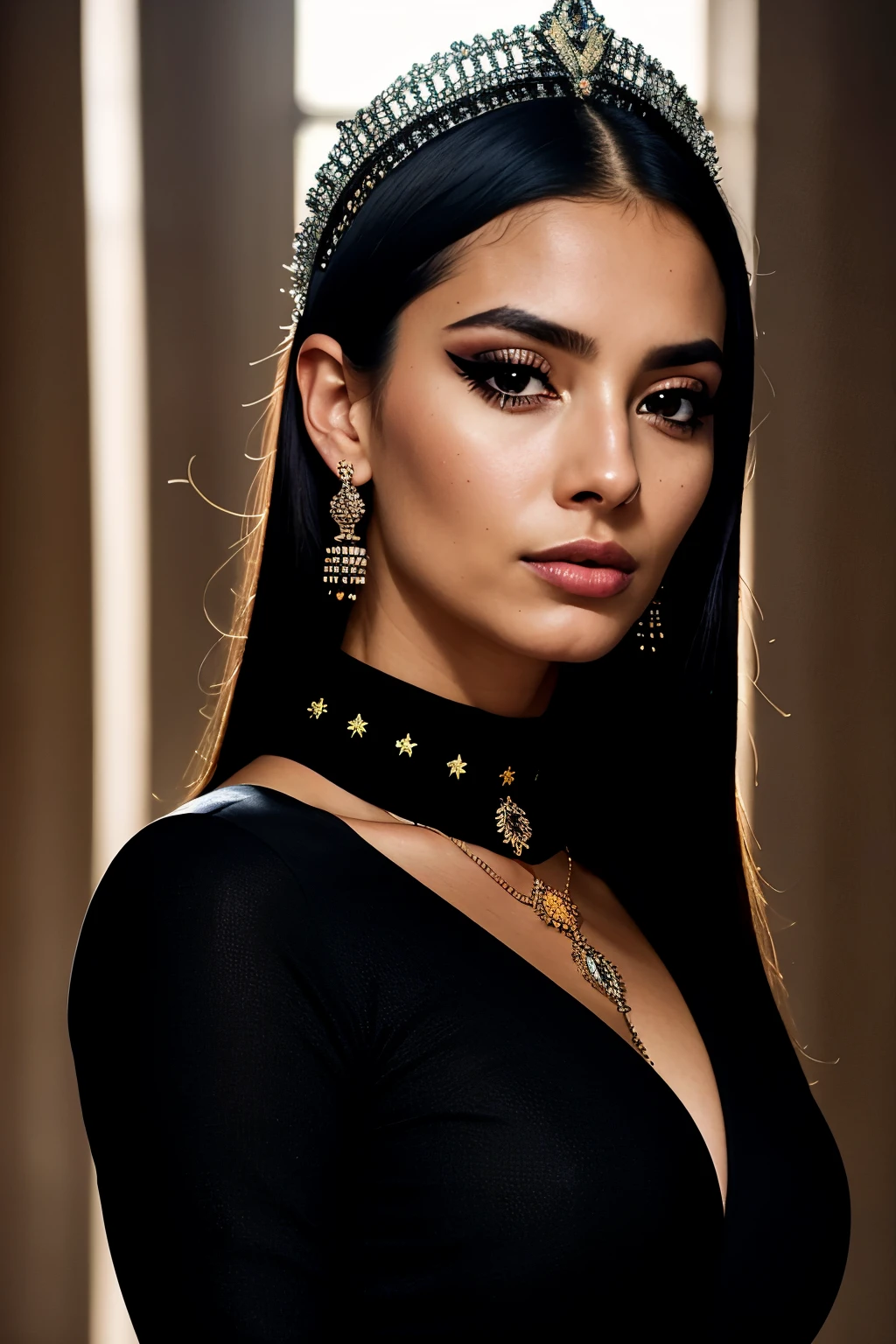 realistic portrait of an extremely beautiful Colombian woman, wearing a tight black Nadia Long Sleeve Scoop Back Midi Dress, wearing a choker, detailed facial features, piercing eyes, wearing a headdress, elegant long eyelashes, beautiful lips, delicate nose, intricate jewelry, dramatic lighting, highly detailed, photorealistic, 8k, cinematic composition, dramatic pose, masterpiece