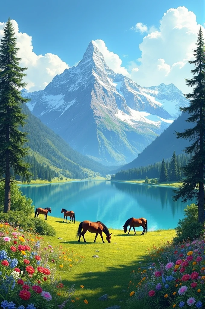 A colorful image with mountains, mares, trees, flowers and green plants, with the land clearly separated from the water