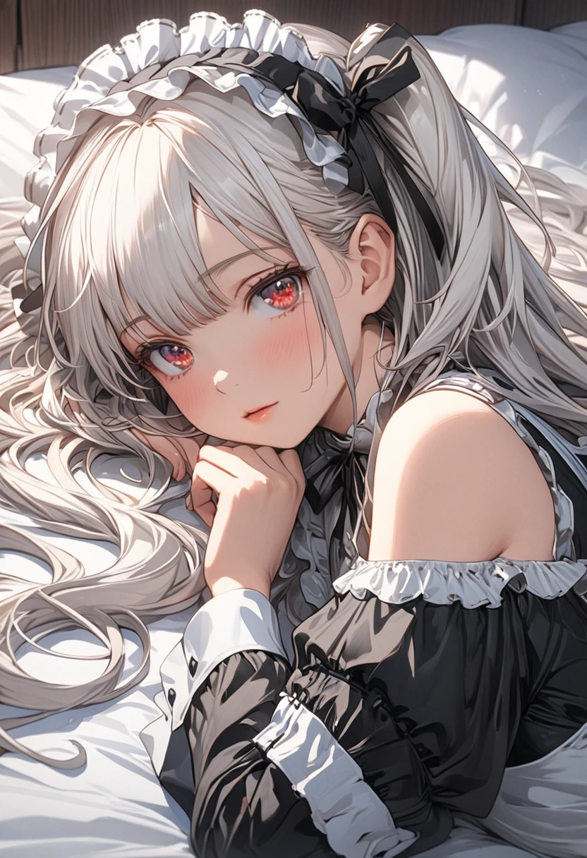 One girl, White hair,twin tail,long hair,maid's outfit,cold shoulder,red eyes,lying on back,(((masterpiece))), (((best quality))), ((ultra-detailed)), (illustration), (detailed light),((an extremely delicate and beautiful)),(beautiful detailed eyes),anime art style,