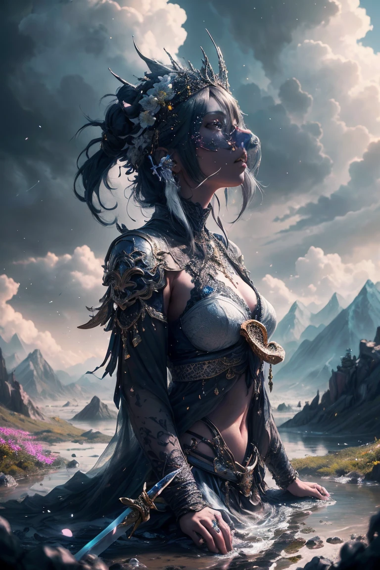 epic landscape of mountain , (epic sword sticking in the mountain), (low angle:1.2), masterpiece, best quality, high quality, extremely detailed CG unity 8k wallpaper, outdoors, light penetrating through the cloud, cloud, day ,no human , mountain, landscape, water, tree, , cliff, nature, ,award winning photography, Bokeh, Depth of Field, HDR, bloom, Chromatic Aberration ,Photorealistic, extremely detailed, trending on art station, trending on CGsociety, Intricate, High Detail, dramatic, art by midjourney