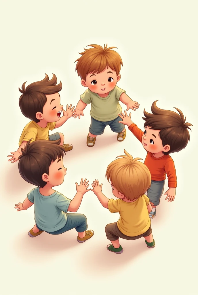 generate a drawing of children in a circle with 5 boys with colored outlines. with pastel colored clothes. at an angle seen from without realistic features. without scenery and with an angle from above