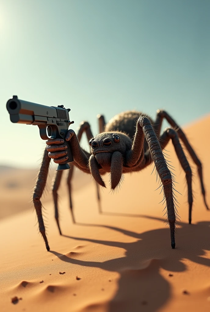 A spider holding a gun in the desert
