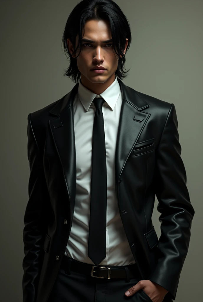 Tall, thin, slightly long-haired man in a leather jacket, dress pants, dress shirt and tie, 19 years old, Brazilian and evil