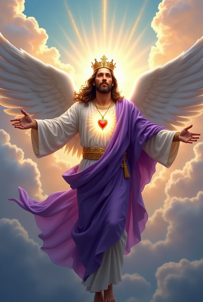 (photorealism:1.2), handsome Jesus Christ, floating in the sky with bigger white wing behind, the light in his head and heart sparkling all over, wearing the king purple color of clothes and crown in the clouds of heaven, elegant king clothes, long nice hair, outdoors, soft lighting, five fingers, two hands, clouds and blue sky in a background, brighter sunlight, perfect face of Jesus Christ, relaxed pose, realistic, intricate details, warm colors,