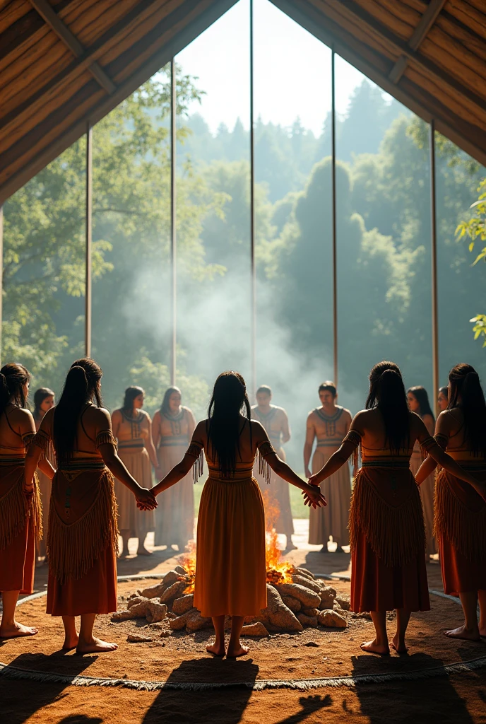 Images with a group of indigenous men and women away from the screen, a large and spacious place with clothes blowing medicine tobacco with hands raised and around the campfire with vibrant colors ultra realistic in a closed place with glass sides with a view of the forest wider image without focusing too much on the face