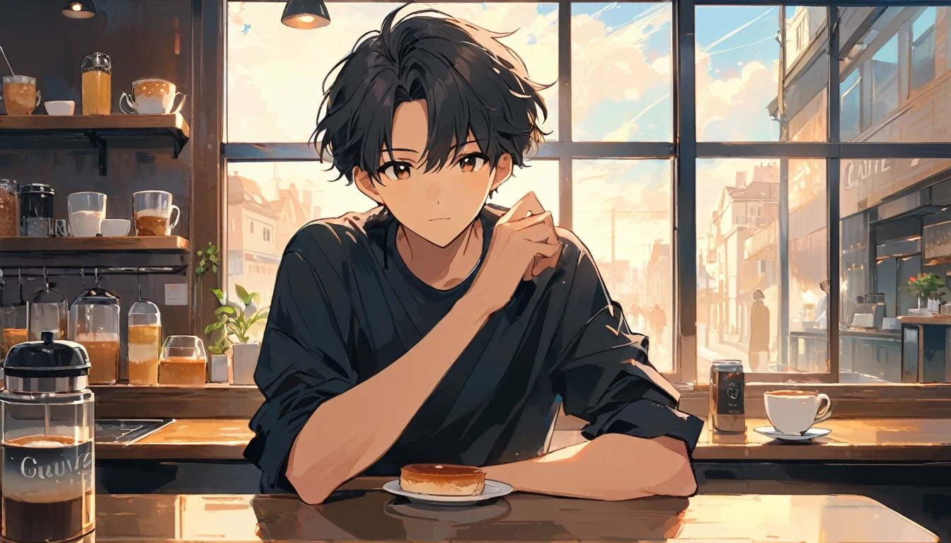 anime guy  in a cafe with a window, artwork in the style of guweiz, guweiz, 4k anime wallpaper, young anime man, anime art wallpaper 8 k, anime wallpaper 4k, anime wallpaper 4 k, anime. soft lighting, anime wallaper, handsome anime pose, 4 k manga wallpaper
