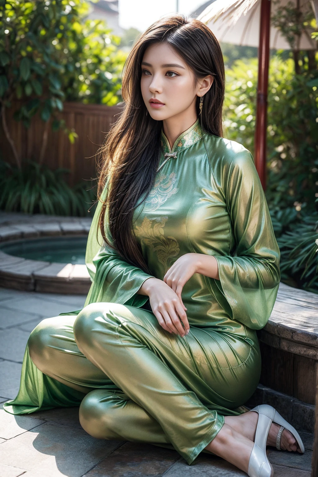 ((full body)), samdoesarts style award winning full body portrait of a beautiful woman, ((perfect feminine face)),((sexy Chinese Green tunic)), ((super realistic clothing)), (Long sleeves) Gazebo, Complex, (Beautiful Detail Eyes, elongated eyebrows),((Hairpins, twisted hair)),(Sadness), ((tears)), (Sunlight), shaded flat illustration, digital art, trending on artstation, highly detailed, fine detail, intricate, art by artgerm and rutkowski and alphonse mucha,