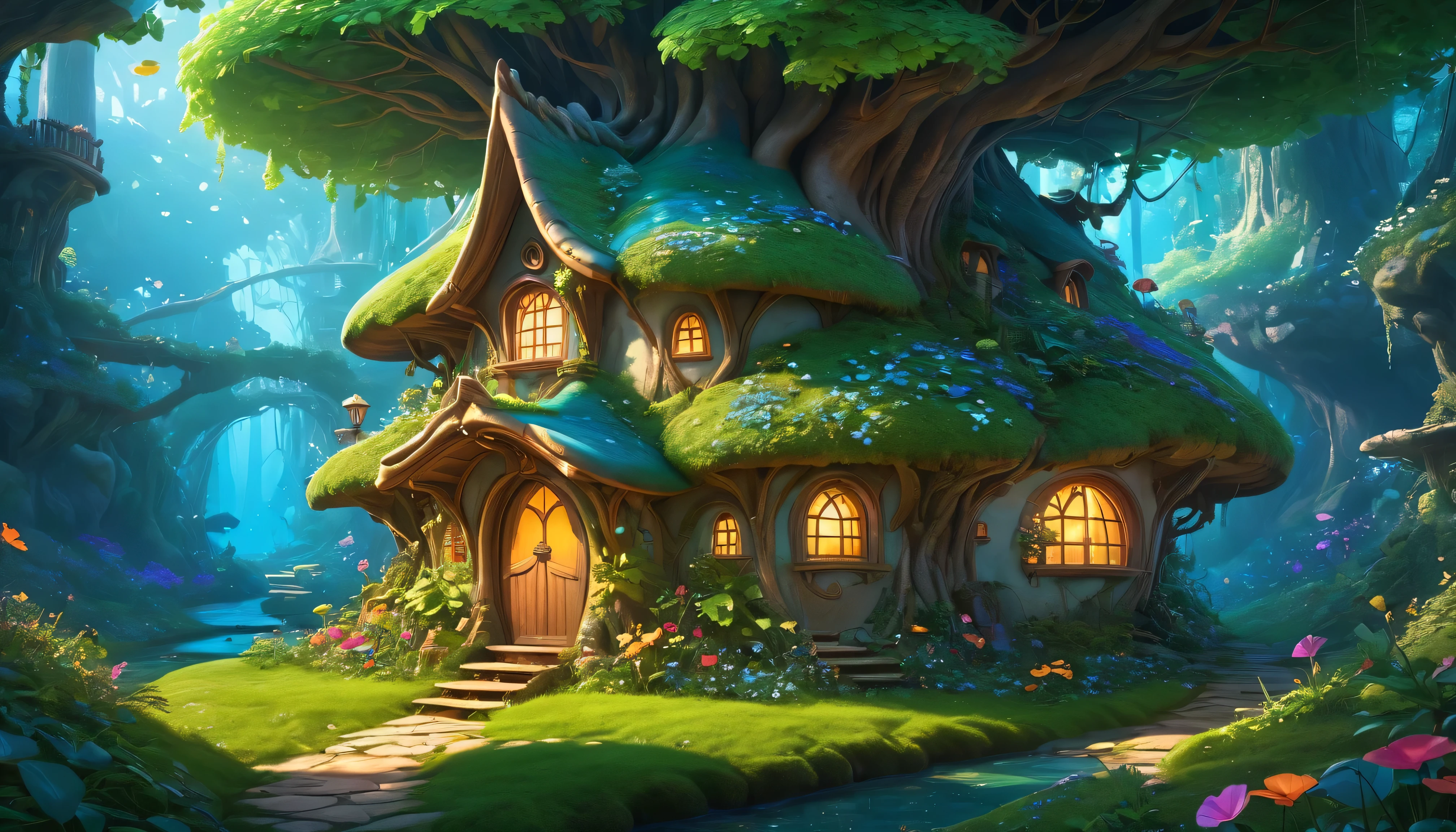 (anime, fantasy, Thumbelina house), (detailed CG unity 8k wallpaper, masterpiece, best quality, hyperdetailed, HDR:1.2), vibrant colors, A small Thumbelina house in an enchanted bioluminescent forest, wonky house. magical forest, enchanted, beautiful