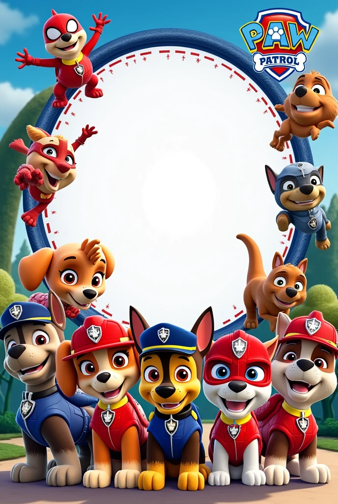 Spider-Man Invitation, and the paw patrol dressed up in spiderman outfits and dinosaurs in the background