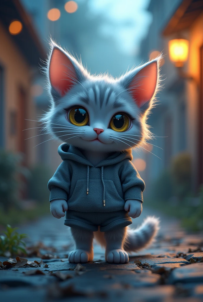 cat,furry,Beautiful,charming,gray skin,white ears,yelow eyes,Gray sweatshirt,gray shorts,cold lights,evening,Fantastic shadow light,male,cat ,blush,He seems very shy