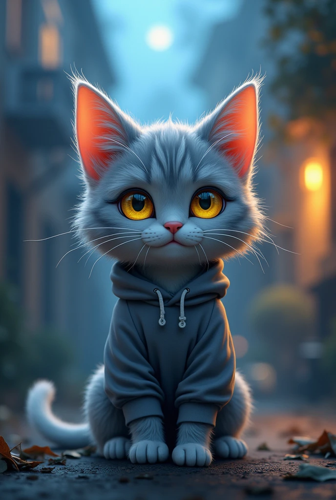 cat,furry,Beautiful,charming,gray skin,white ears,yelow eyes,Gray sweatshirt,gray shorts,cold lights,evening,Fantastic shadow light,male,cat ,blush,He seems very shy