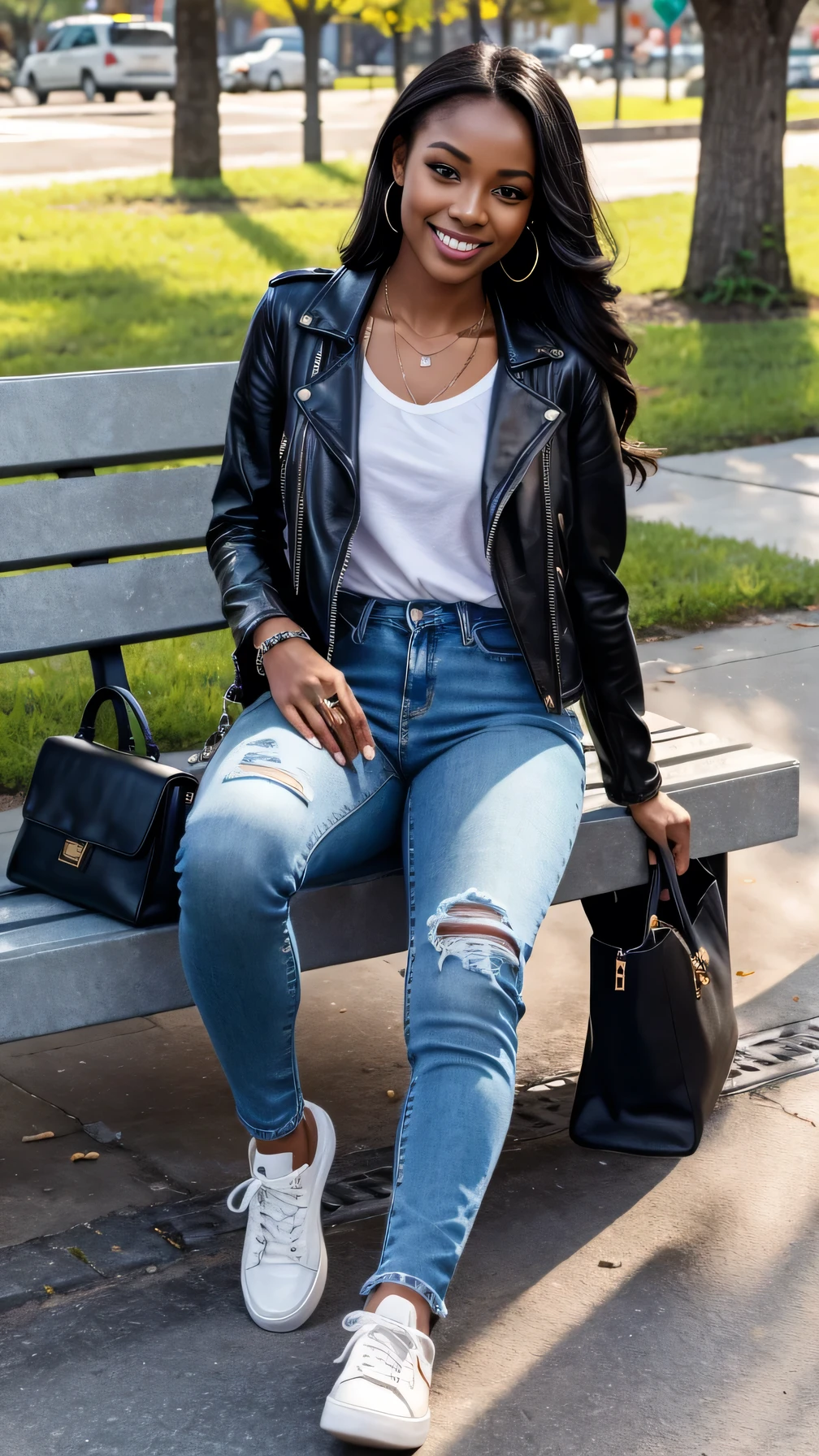 Super Resolution、Beautiful Black Woman、Full body photo、sitting on a park bench、、ear piercing、necklace、leather jacket、shirt、Skinny jeans、sneakers、smile、Beautiful teeth alignment
