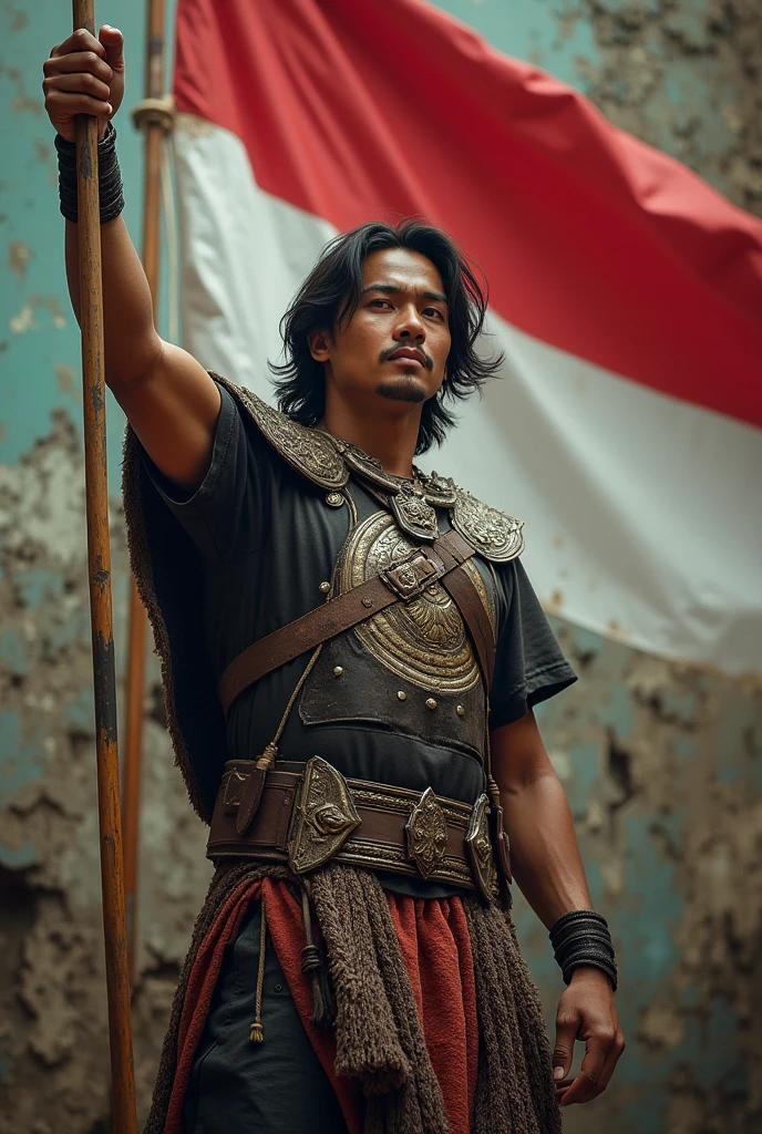 Image of a handsome 30 year old Indonesian man with layered hair, ancient Indonesian warrior clothes with the name ((JEFRI)) written on it, one hand clenched with a flag and full of enthusiasm, in the midst of colonial attacks while carrying a flag, Indonesia, wall background old with faded moss paint, HD images, Retro Images, Realistic Images, original images, 4d Images, Mural images of red and white flags flying, Black and white details
