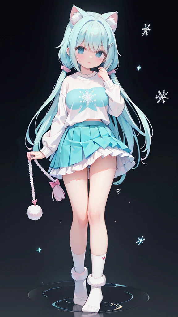 idol, yuri, beautiful girl,Cat girl, masterpiece,best quality,official art,Extremely detailed CG unified 8K wallpaper, black hair, Medium long hair, light blue hair, Side braids, blunt bangs, snowflake hair accessories,ice blue,Nose blush , Shy, Awkward , Aqua eyes, fair detailed eyes, Aqua eyes, light blue shirt sweater,ultra short sportswear,mini skirt,Nose blush , Shy, Awkward , Aqua eyes, fair detailed eyes, Aqua eyes, loose socks, White knee-length socks, Mary_janes, hmmisaki, There is an ice blue bow on the chest,White skin,Stretch your feet in white schoolgirl princess socks towards the audience,Socks of good quality,High transparency,pink jade feet,love eyes,puberty,first love,scantily clad,Super big breasts,full-body shot,A woman in love,oestrus,seduce the audience,enchanting posture,sexly,Seeming helpless and powerless,under someone's control,surprise,incredible,Desperately resisted,dirty look,Patient expression,The voice of Yingdang,fair,The review failed,Full body portrait
