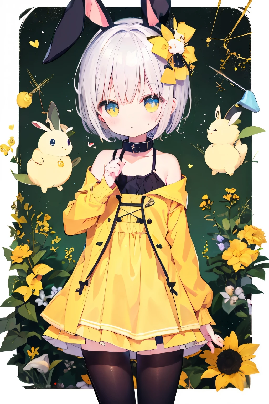 Yellow raincoat、Bunny girl、Rabbit ears、Very beautiful and Shining Eyes、Shining Eyes、1 person、Small breasts、Transparent silver short hair、Putting on a collar、Elementary school girl、8 Year Old、(((((Small body)))))、heart❤、((Sweat、vapor))