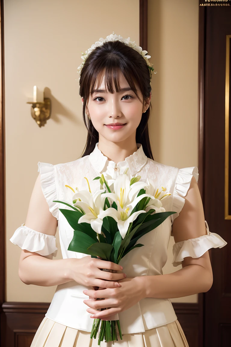 Medium Size Display, Medium Shot, Written boundary depth, bust, Upper Body, Movie angle, masterpiece, Highest quality, Very detailed, CG, 8k wallpaper, Beautiful Face, Delicate eyes, Otome, alone, smile, bangs, skirt, Formal blouse, Bouquet of lilies