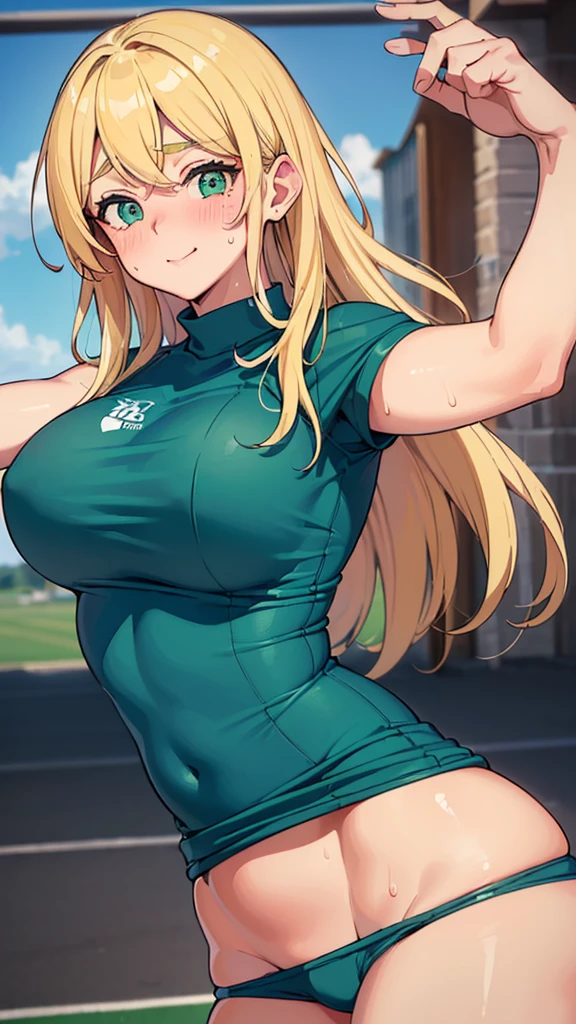 {(((La mejor calidad)), ((Obra maestra)), (Detallado), Cara perfecta, Giant tits, Milf, PE, PE teacher, sweat, Blush, Tight sport blue-green outfit, Blonde, happy, streching, grunt.)}