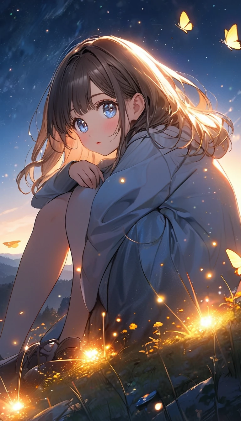 anime girl sitting on a hill. meteor, Firefly, butterfly, portrait, Beautiful animated pictures, Precise face, sparkling eyes, Draw a realistic picture of a cute girl., animation style. 8kg