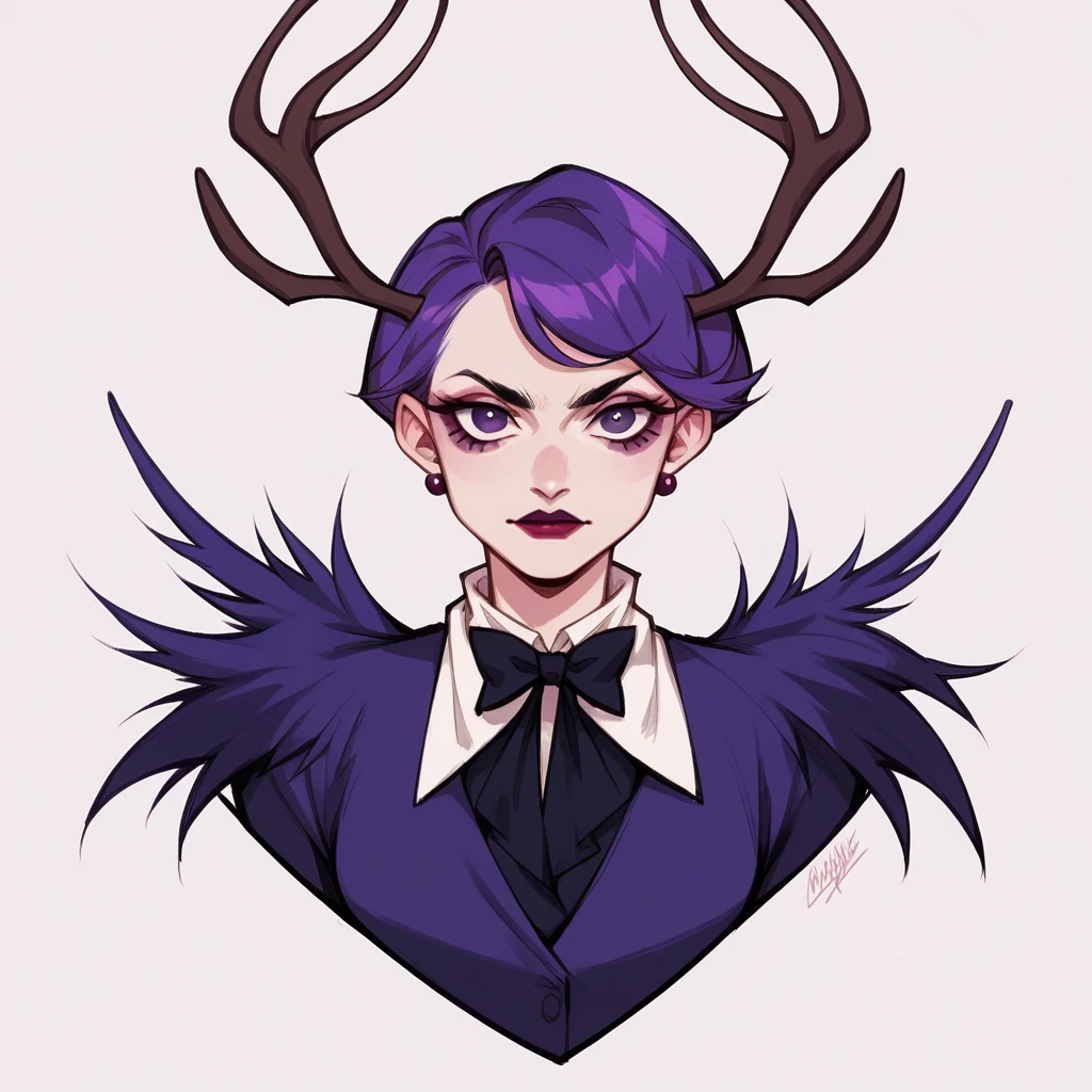score_9, score_8_up, score_7_up, score_6_up, bg4, fierce Jackalope, antlers, short hair. purple black and fuchsia