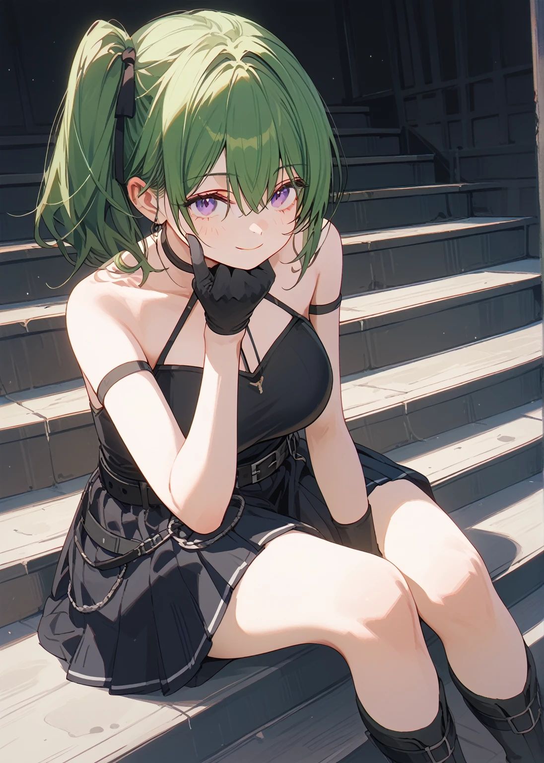 (masterpiece, The best quality at its best:1.2), alone, One huge breasted girl, Green Hair, bangs, Hair between the eyes, Side Ponytail, Purple eyes, A light smile, Black choker, clavicle, No sleeve, Black Dress, No sleeve dress, Halter neck, Pleated skirt, Black gloves, belt, Black footwear,、look up、Funeral of Frieren、Uber、sitting on the stairs with hand on chin、Alluring、Depiction from an angle、Highest rated on pixiv、whole body、Large Breasts
