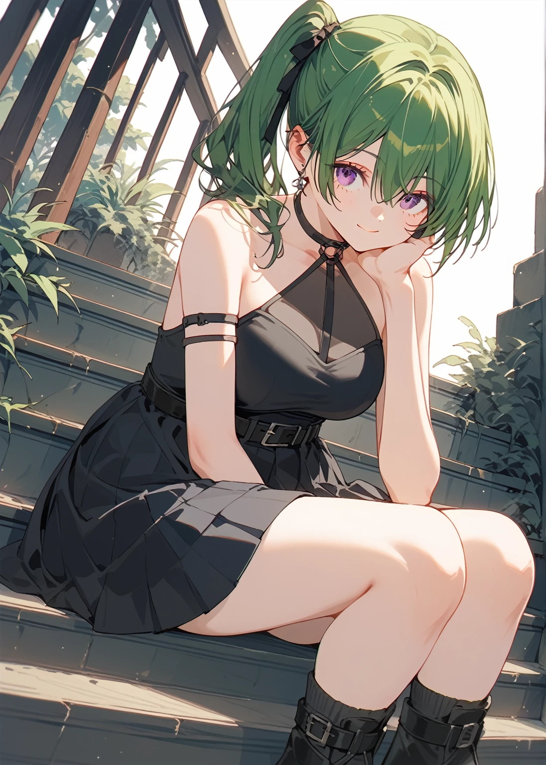 (masterpiece, The best quality at its best:1.2), alone, One huge breasted girl, Green Hair, bangs, Hair between the eyes, Side Ponytail, Purple eyes, A light smile, Black choker, clavicle, No sleeve, Black Dress, No sleeve dress, Halter neck, Pleated skirt, Black gloves, belt, Black footwear,、look up、Funeral of Frieren、Uber、sitting on the stairs with hand on chin、Alluring、Depiction from an angle、Highest rated on pixiv、whole body、Large Breasts
