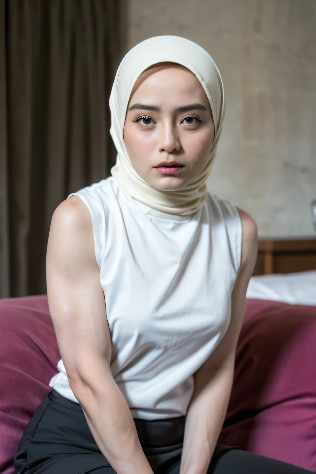 ((Pencil Skirt)), (Pencil Singlet), (Arm Muscles:1.6), ((Neck Lace)), ((6x-UltraSharp)), Milf Bitch, ((Singlet)), Straddling, ((Naked white)), ((Old Lady :1.6)), Very cute like a Matured Lady, ((Stylo Stylish Hijab)), adorable, 2 girl, 55 years old, , shy, half body portrait, ((ANGRY FACE EXPRESSION)),  (face details: 1), (eye details: 1), Cute posed. proportional body. Ultra High Res. (realistic: 2), UHD, Tiny breasts 