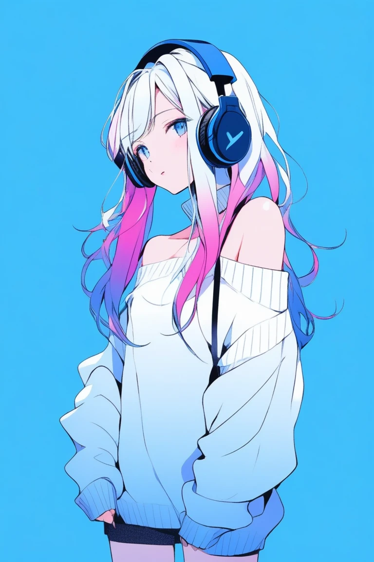Illustrator, anime , Realistic ,sketch , 1 person, ,lip, Off-the-shoulder sweater, whole body, order, Blue gradient background, Neon long twin tail hair,(((Hanging headphones))), ((Angle from the front、Watching the audience)), Texture Trim, Canadian, (masterpiece,Highest quality)