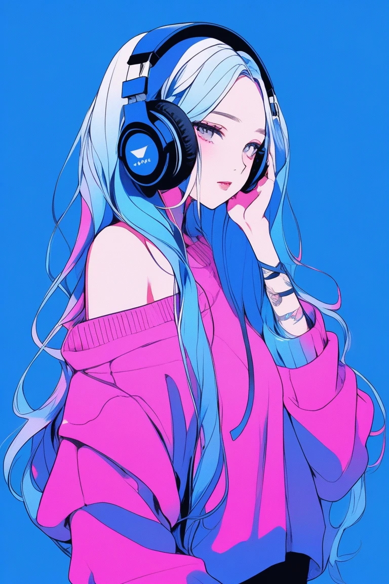 Illustrator, anime , Realistic ,sketch , 1 person, ,lip, Off-the-shoulder sweater, whole body, order, Blue gradient background, Neon long twin tail hair,(((Hanging headphones))), ((Angle from the front、Watching the audience)), Texture Trim, Canadian, (masterpiece,Highest quality)
