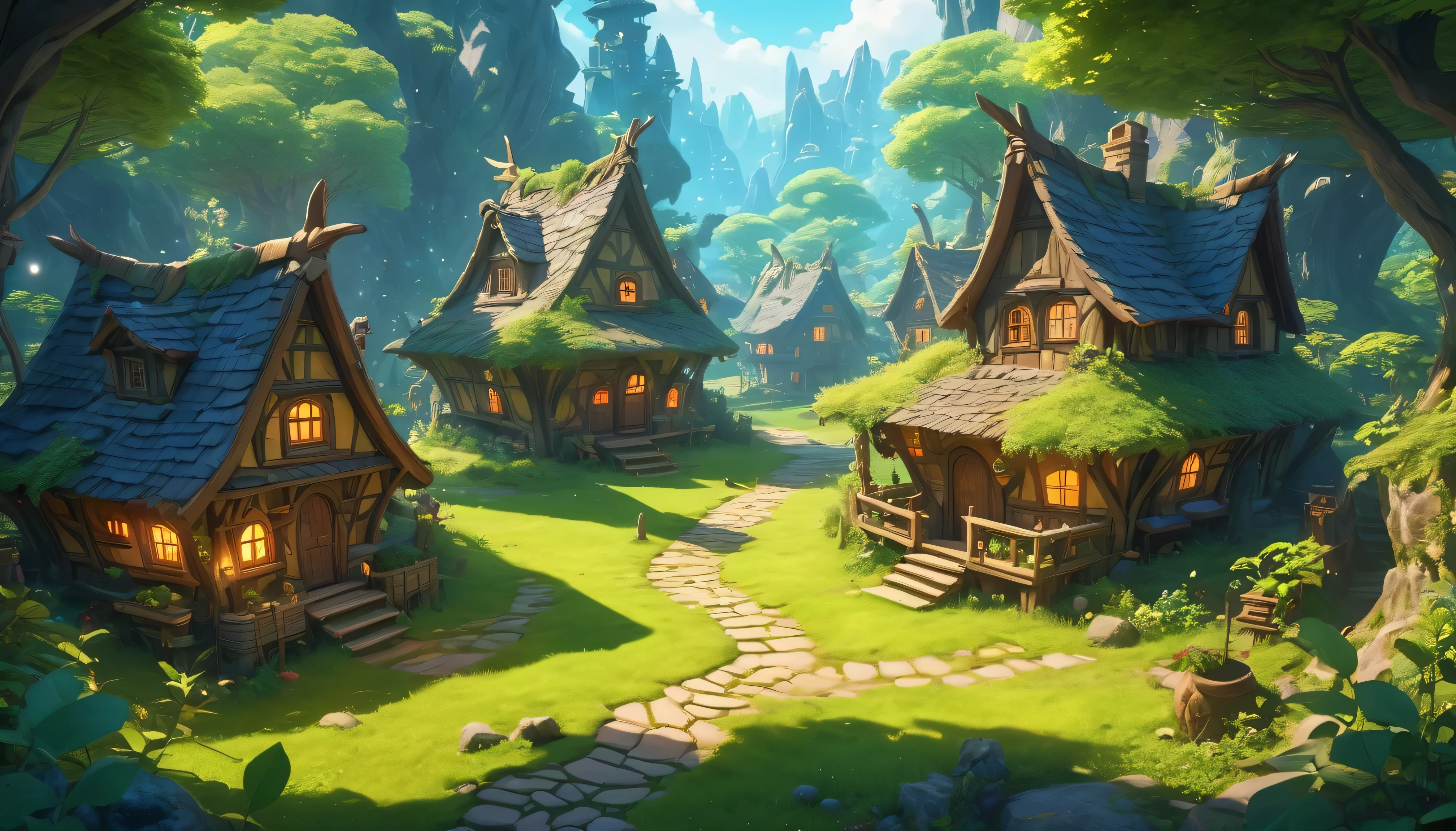 (anime, fantasy, goblin village), (detailed CG unity 8k wallpaper, masterpiece, best quality, hyperdetailed, HDR:1.2), vibrant colors, A small goblin village in an enchanted bioluminescent forest, unique shape, wonky houses, small houses. cartoon style, magical forest, enchanted, beautiful, ethereal lighting, view from above, lens flare