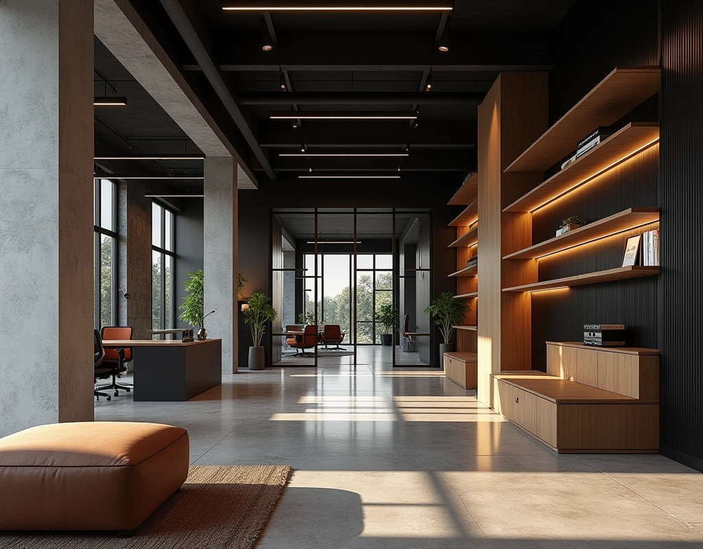 Professional architectural space photography,Future Corporate Office,High-end office space,Minimalist industrial style,Wood and black walls,Concrete columns,Interior design master works,Fascinating light and shadow