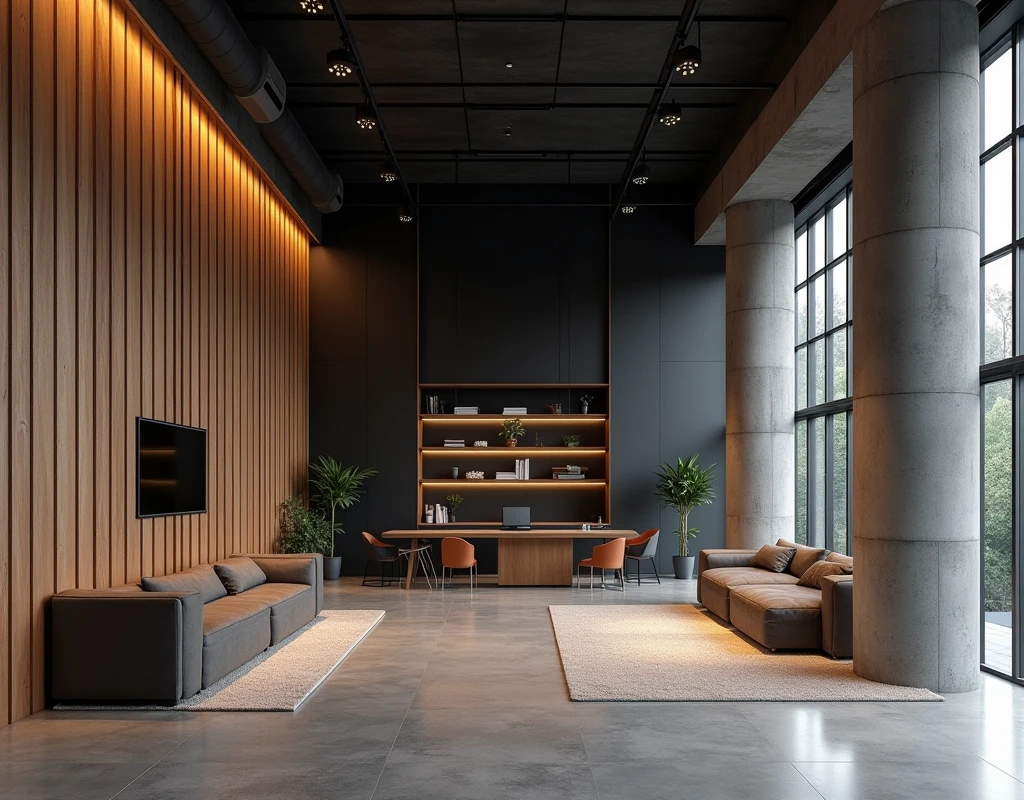 Professional architectural space photography,Future Corporate Office,High-end office space,Minimalist industrial style,Wood and black walls,Concrete columns,Interior design master works,Fascinating light and shadow
