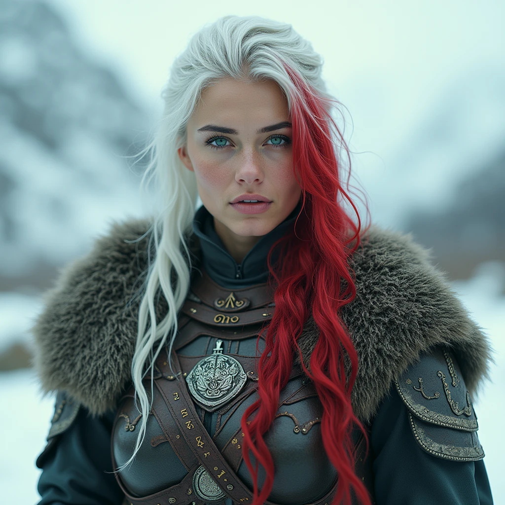 I want a beautiful Viking warrior woman, with hair as white as possible and red streak in it, and emerald green eyes.