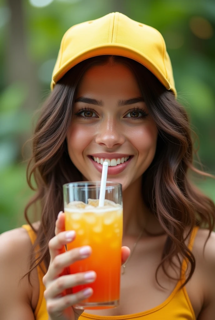 Beautiful latina woman with yellow baseball cap ( having a drink in a park ), Highly Detailed, 25 years old, innocent face, natural wavy hair, High Resolution, Masterpiece, Best Quality, Intricate Details, Highly Detailed, Sharp Focus, Detailed Skin, Realistic Skin Texture, Detailed Eyes, Professional, 4k, Charming Smile, Shot on Canon, 85mm, Depth of Field, Kodak Vision Color, Perfect Fit Body, Extremely Detailed, Photo_(ultra\), photoRealistic, Realistic, Post Processing, Maximum Detail, Roughness, Real Life, Ultra Realistic, photorealism, photography, 8k hd, photography Hyper Realistic image with a lens aperture of 1.4 at a focal length of 50mm.