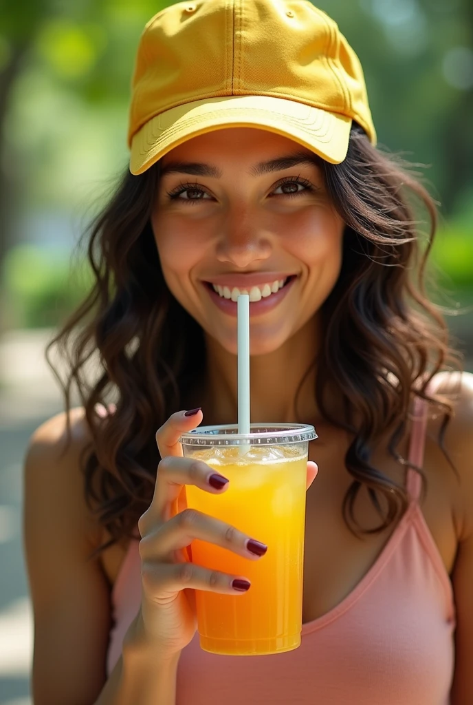 Beautiful latina woman with yellow baseball cap ( having a drink in a park ), Highly Detailed, 25 years old, innocent face, natural wavy hair, High Resolution, Masterpiece, Best Quality, Intricate Details, Highly Detailed, Sharp Focus, Detailed Skin, Realistic Skin Texture, Detailed Eyes, Professional, 4k, Charming Smile, Shot on Canon, 85mm, Depth of Field, Kodak Vision Color, Perfect Fit Body, Extremely Detailed, Photo_(ultra\), photoRealistic, Realistic, Post Processing, Maximum Detail, Roughness, Real Life, Ultra Realistic, photorealism, photography, 8k hd, photography Hyper Realistic image with a lens aperture of 1.4 at a focal length of 50mm.