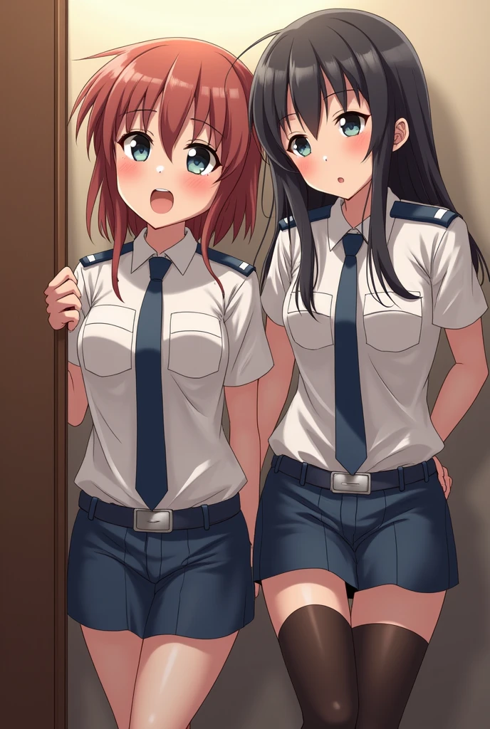 2girls,roromiya,ririchiyo, lesbian, yuri, tiny breasts, sweaty, stripping off police uniform, in a changing room,masterpiece, best quality