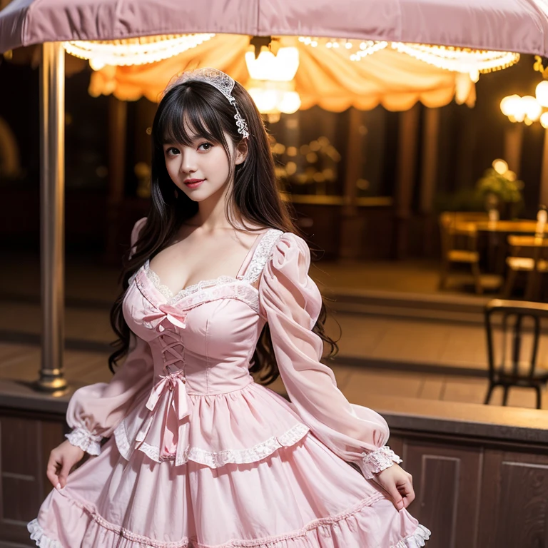 Side shot, Mature, , 41 year old woman, Bow at the back of the waist, Skirt length to calf, cupcake dress, Layered skirt with lace on each layer, Wear a LOLITA dress, layered dress, Pink lolita skirt, lots of lace, Long sleeve, Wide sleeves, Big skirt, layered lace skirt, Puff sleeves, Wide sleeves, Transparent sleeves, intricate details showcase the ruffles and intricate designs of the Lolita dress, Wearing a lolita dress, in the amusement park, at disneyland, The background is a carousel, best quality, Delicate face，beautiful visual work, lifelike, eternity, black hair, Long curly hair, blunt bangs, Smile, Detailed Background, Delicate face，blush，cold，((masterpiece))、(top quality)、8k、high detail、Super detailed，41-year-old female， masterpiece、born、Scenes resembling fairy tale illustrations、intricate details和複雜的設計、Beautifully、magic、capricious、 Beautifully、Dream aesthetics、「𝓡𝓸𝓶𝓪𝓷𝓽𝓲𝓬、ethereal、charming、fickle、magic」、realism、Visual effects、FXAA、SSAO、Shader、voiceless、ambient lighting、Tone mapping、High resolution、Ultra high quality、Million pixels、(8K resolution:1.10)、8k、8k以下、8K resolution、high detail、intricate details， (high quality:1.2、masterpiece:1.2、:1.21)、(41-year-old female:1.21)、(興奮地Smile)、(Surrounded by a dreamy atmosphere、Model diagram，full-body shot，Normal 2 feet，Put your hands behind you，The protrusion of the  is visible when wearing clothes, , H cup , pink clothes, Don't show your fingers, full-body shot， full-body shot，full-body shot，full-body shot，full-body shot，full-body shot，full-body shot，full-body shot，hands hidden in clothes, hands hidden in clothes,hands hidden in clothes,hands hidden in clothes,hands hidden in clothes,hands hidden in clothes,hands hidden in clothes,hands hidden in clothes,hands hidden in clothes, ,hands hidden in sleeves ,hands hidden in sleeves ,hands hidden in sleeves ,hands hidden in sleeves ,hands hidden in sleeves ,hands hidden in sleeves ,hands hidden in sleeves ,hands hidden in sleeves, arms behind back, arms behind back, milf, mature women