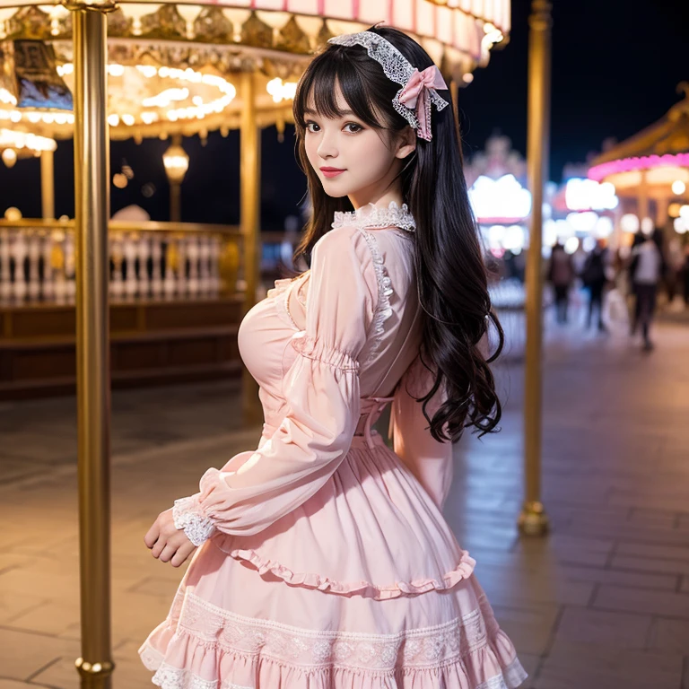 Side shot, Mature, , 41 year old woman, Bow at the back of the waist, Skirt length to calf, cupcake dress, Layered skirt with lace on each layer, Wear a LOLITA dress, layered dress, Pink lolita skirt, lots of lace, Long sleeve, Wide sleeves, Big skirt, layered lace skirt, Puff sleeves, Wide sleeves, Transparent sleeves, intricate details showcase the ruffles and intricate designs of the Lolita dress, Wearing a lolita dress, in the amusement park, at disneyland, The background is a carousel, best quality, Delicate face,beautiful visual work, lifelike, eternity, black hair, Long curly hair, blunt bangs, Smile, Detailed Background, Delicate face,blush,cold,((masterpiece))、(top quality)、8k、high detail、Super detailed,41-year-old female, masterpiece、born、Scenes resembling fairy tale illustrations、intricate details和複雜的設計、Beautifully、magic、capricious、 Beautifully、Dream aesthetics、「𝓡𝓸𝓶𝓪𝓷𝓽𝓲𝓬、ethereal、charming、fickle、magic」、realism、Visual effects、FXAA、SSAO、Shader、voiceless、ambient lighting、Tone mapping、High resolution、Ultra high quality、Million pixels、(8K resolution:1.10)、8k、8k以下、8K resolution、high detail、intricate details, (high quality:1.2、masterpiece:1.2、:1.21)、(41-year-old female:1.21)、(興奮地Smile)、(Surrounded by a dreamy atmosphere、Model diagram,full-body shot,Normal 2 feet,Put your hands behind you,The protrusion of the breast is visible when wearing clothes, Large Breasts, H cup chest, pink clothes, Don't show your fingers, full-body shot, full-body shot,full-body shot,full-body shot,full-body shot,full-body shot,full-body shot,full-body shot,hands hidden in clothes, hands hidden in clothes,hands hidden in clothes,hands hidden in clothes,hands hidden in clothes,hands hidden in clothes,hands hidden in clothes,hands hidden in clothes,hands hidden in clothes, ,hands hidden in sleeves ,hands hidden in sleeves ,hands hidden in sleeves ,hands hidden in sleeves ,hands hidden in sleeves ,hands hidden in sleeves ,hands hidden in sleeves ,hands hidden in sleeves, arms behind back, arms behind back, milf, mature women