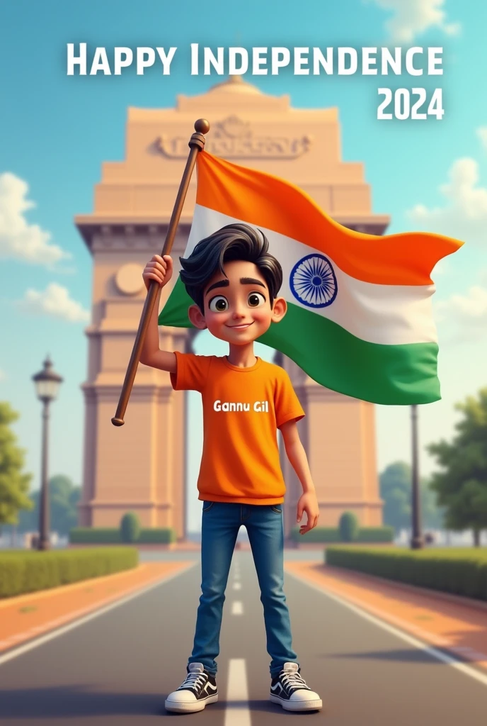 A real 20 years old boy, Wearing Orange T shirt blue jeans sneakers and the name "Gannu Gill" is written on his t-shirt and the boy is standing on the road with holding a national flag of India, and behind him is the India gate Delhi. And "Happy Independence Day 2024" written at above sky Create Realistic image high quality.