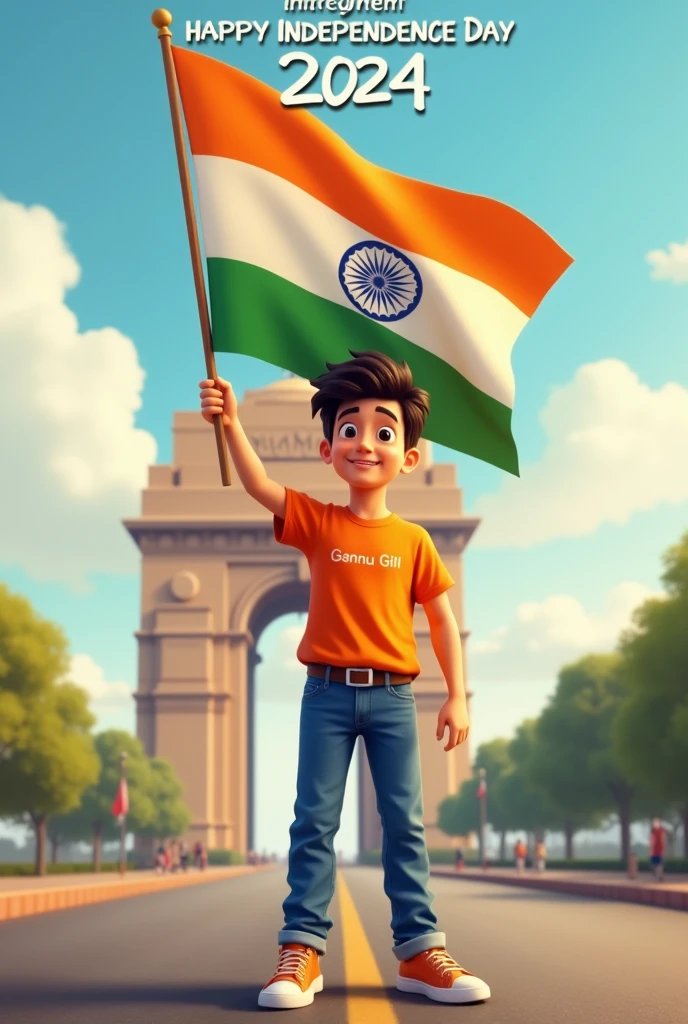 A real 20 years old boy, Wearing Orange T shirt blue jeans sneakers and the name "Gannu Gill" is written on his t-shirt and the boy is standing on the road with holding a national flag of India, and behind him is the India gate Delhi. And "Happy Independence Day 2024" written at above sky Create Realistic image high quality.