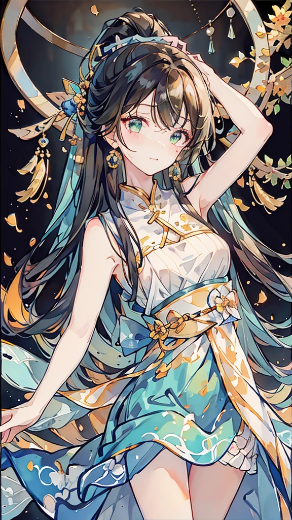 short girl, 1girl, solo, masterpiece, highres, solo, 8k, detailed, perfect face, best quality, (ultra high quality), (looking at viewers), (armpit), bare arms, small breast, sideboob, black hair, long hair, ponytail hair, hair bangs, green eyes, chinese dress, slim body, upper body, smile, hand up
