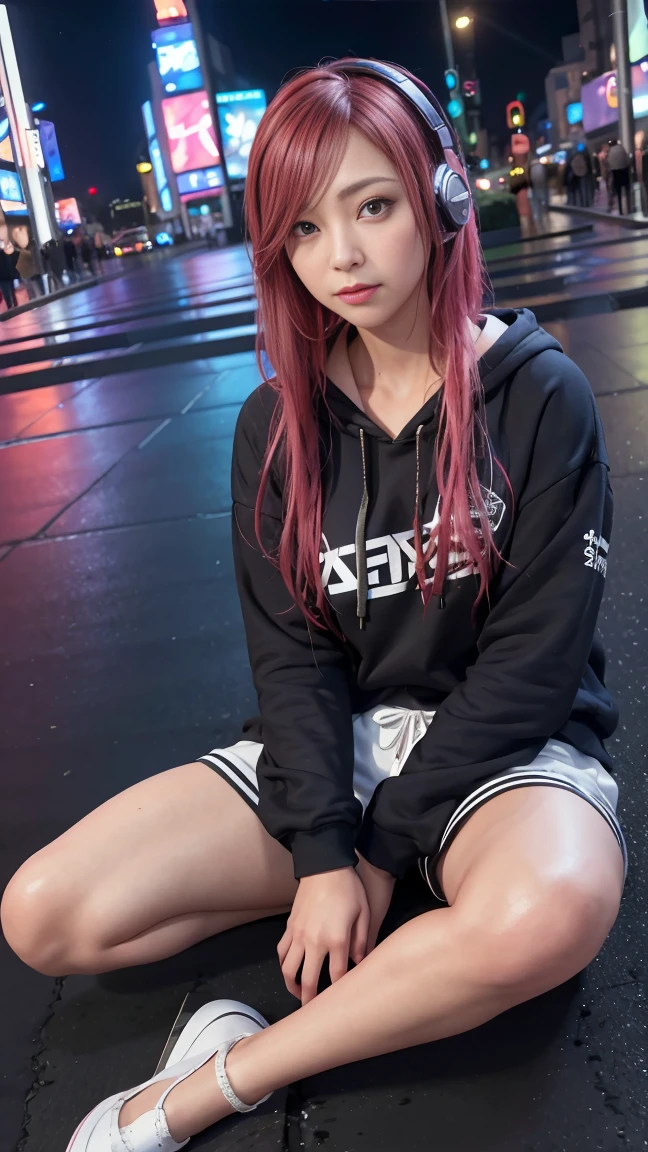 (In 8K、RAW Photos、Highest quality、masterpiece:1.2)、(Realistic、Photorealistic:1.37)、Very detailed、Ultra-high resolution、1 person、alone、hoodie、Espadrilles、Straight hair、Headphones、length、(Center of the intersection)、(Sit on the ground)、night、neon、Times square、cyber punk、Physically Based Rendering、Cinema Lighting、Dynamic Angle