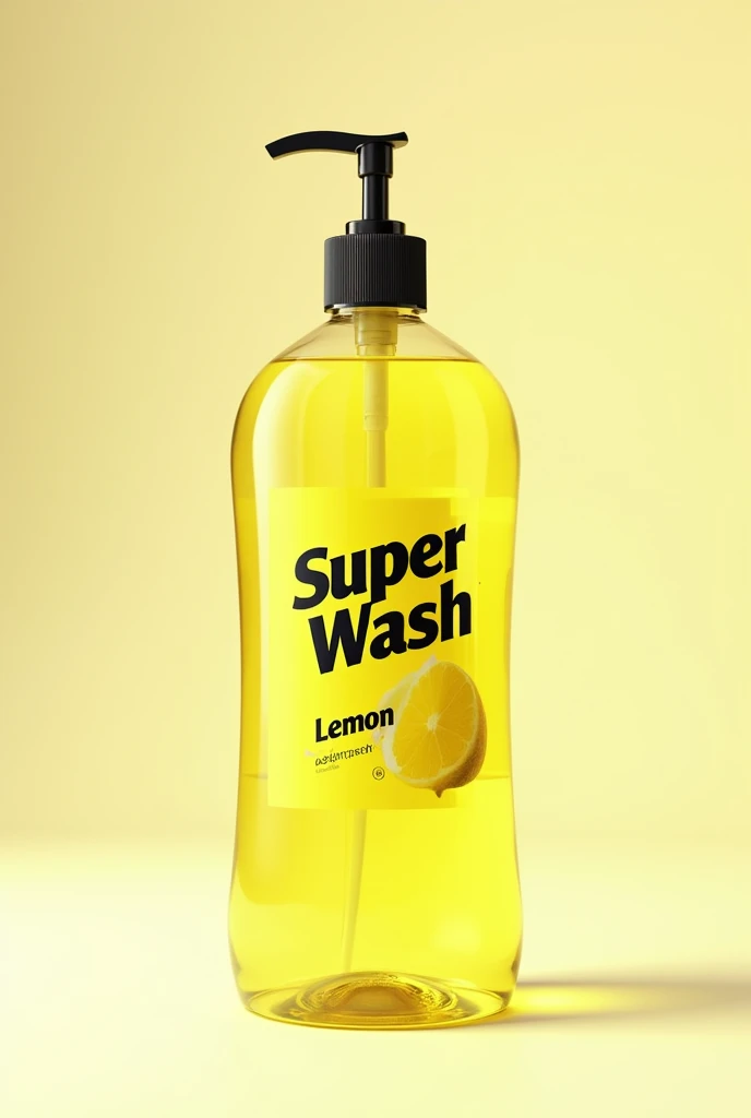 (photorealism:1.2)
Super wash lamon DISHWASH logo on yellow transparent color bottle