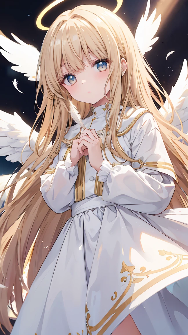 light brown long hair, straight hair, bangs, halo, perfect eyes, soft light, high quality, 4k resolution, ((angel)), ((An angel with wings on her back)), an angel descending from the sky, feathers scattered in the background, light shining, swan wings, swan feathers