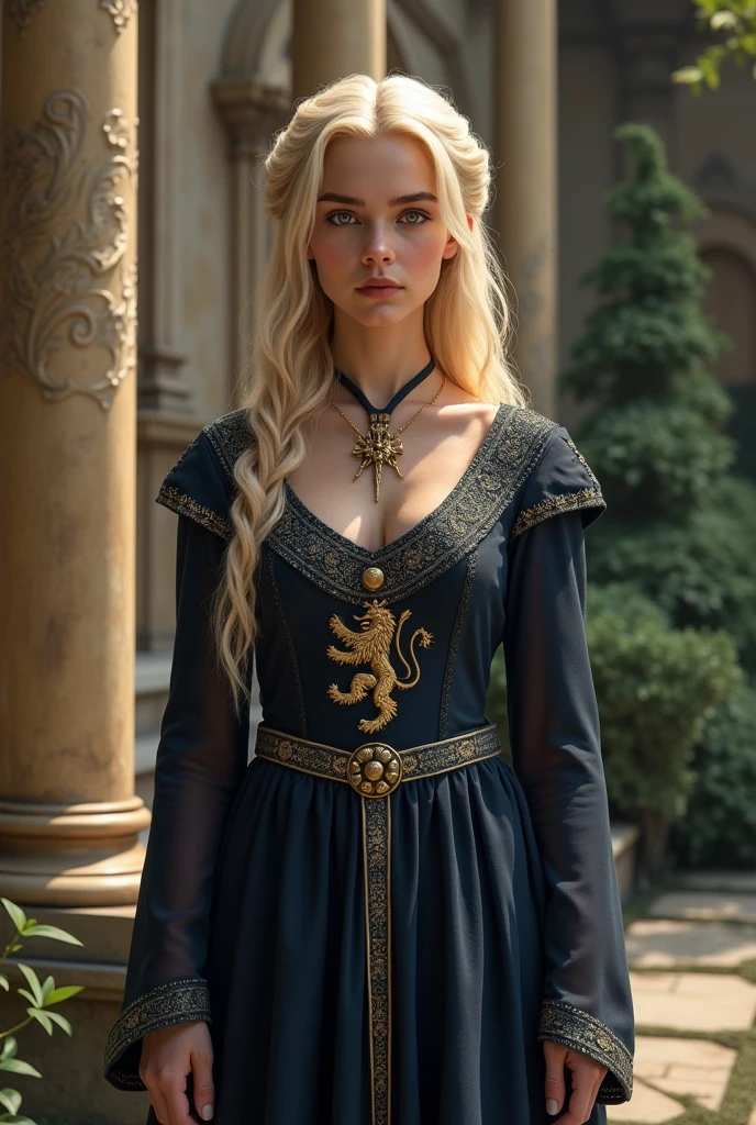 Create a young blonde-haired, blue-eyed Lannister woman wearing a dark blue dress with a golden lion emblem.