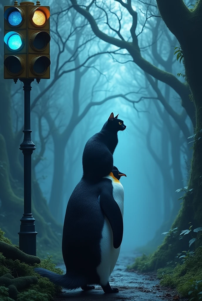Photorealistic black cat sitting on top of a penguin looking at a traffic light with blue-toned lights in a magical forest 