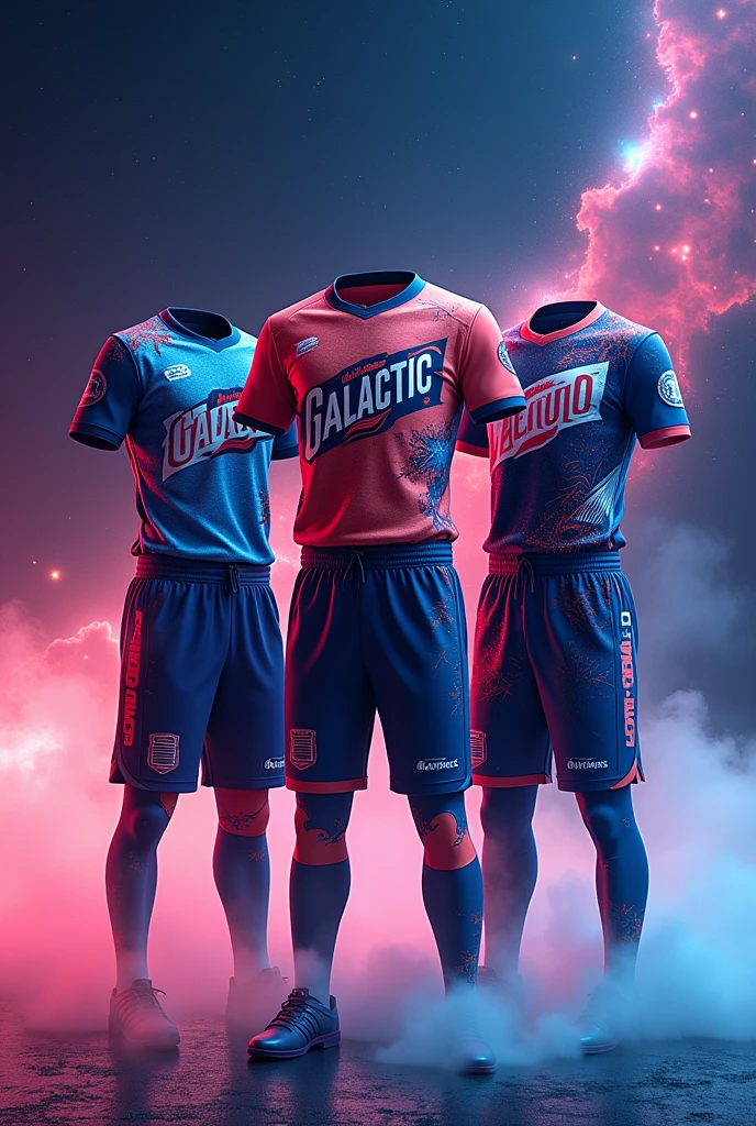 Create an image showing three sports uniforms with a space and galactic theme.. They have an attractive and futuristic design, with planets, stars and cosmic mists in blue and black tones. The jerseys have the name "Galactic" and name it "Santa Cruz"
somewhere printed in the center. It appears to be a uniform design for a sports team., maybe soccer or volleyball. It is a very creative and eye-catching design., that captures the imagination of space and celestial bodies.